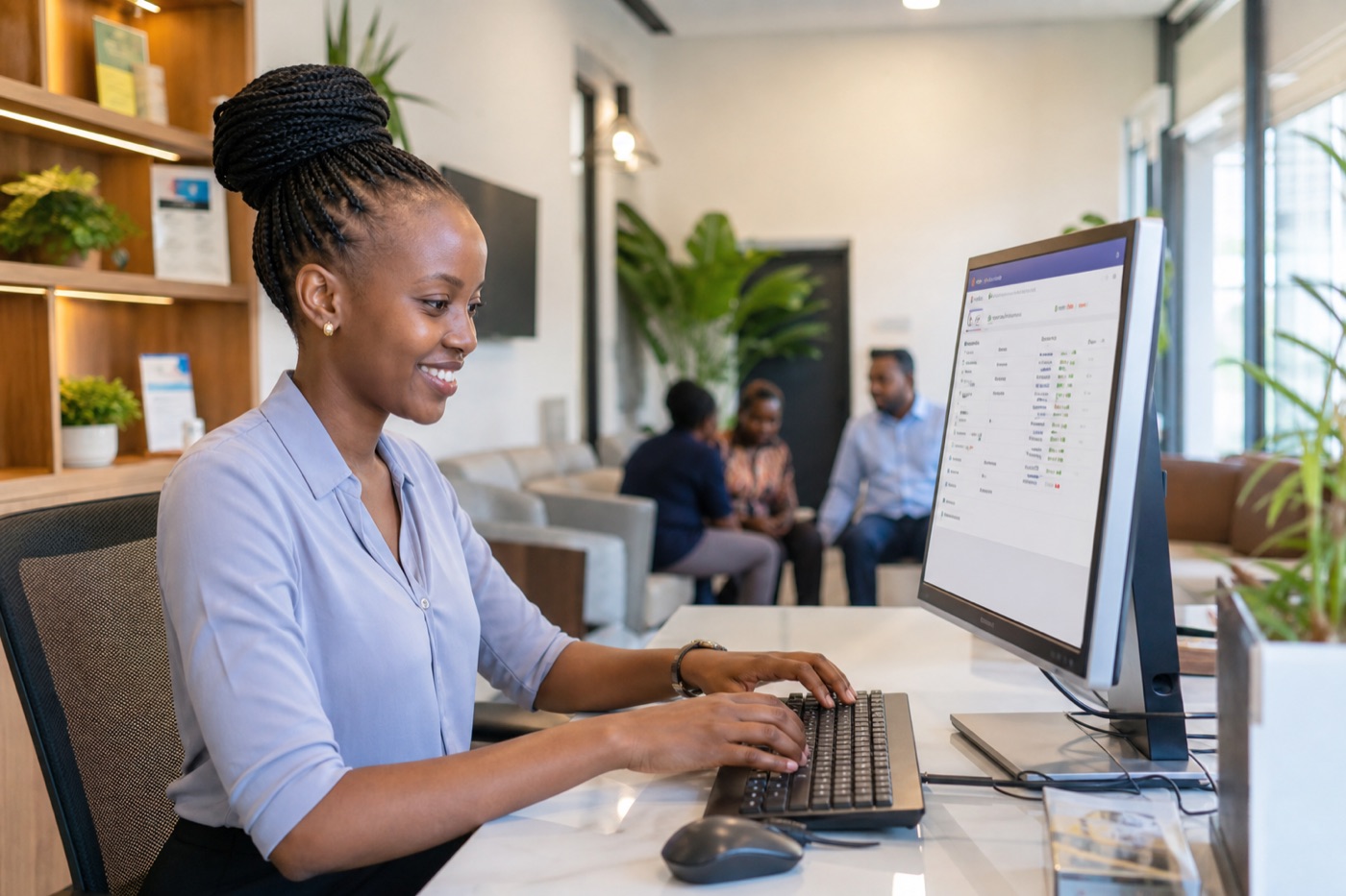 Clinic receptionist using digital appointment software