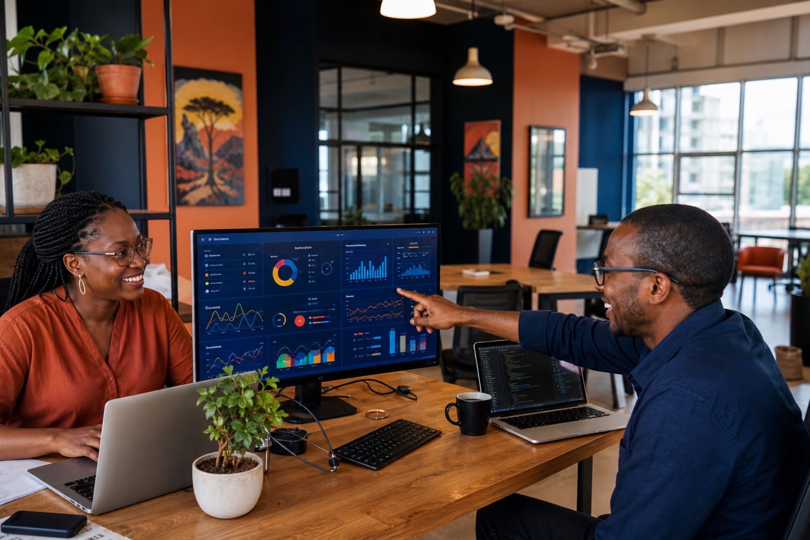 Pamoja Africa team reviewing a custom software dashboard together