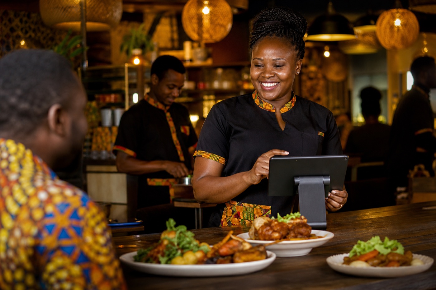 Restaurant staff taking orders on a POS tablet