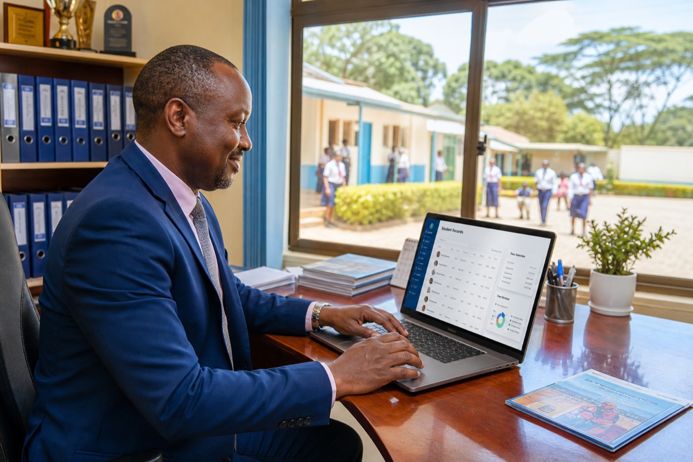 School administrator managing student records on a laptop