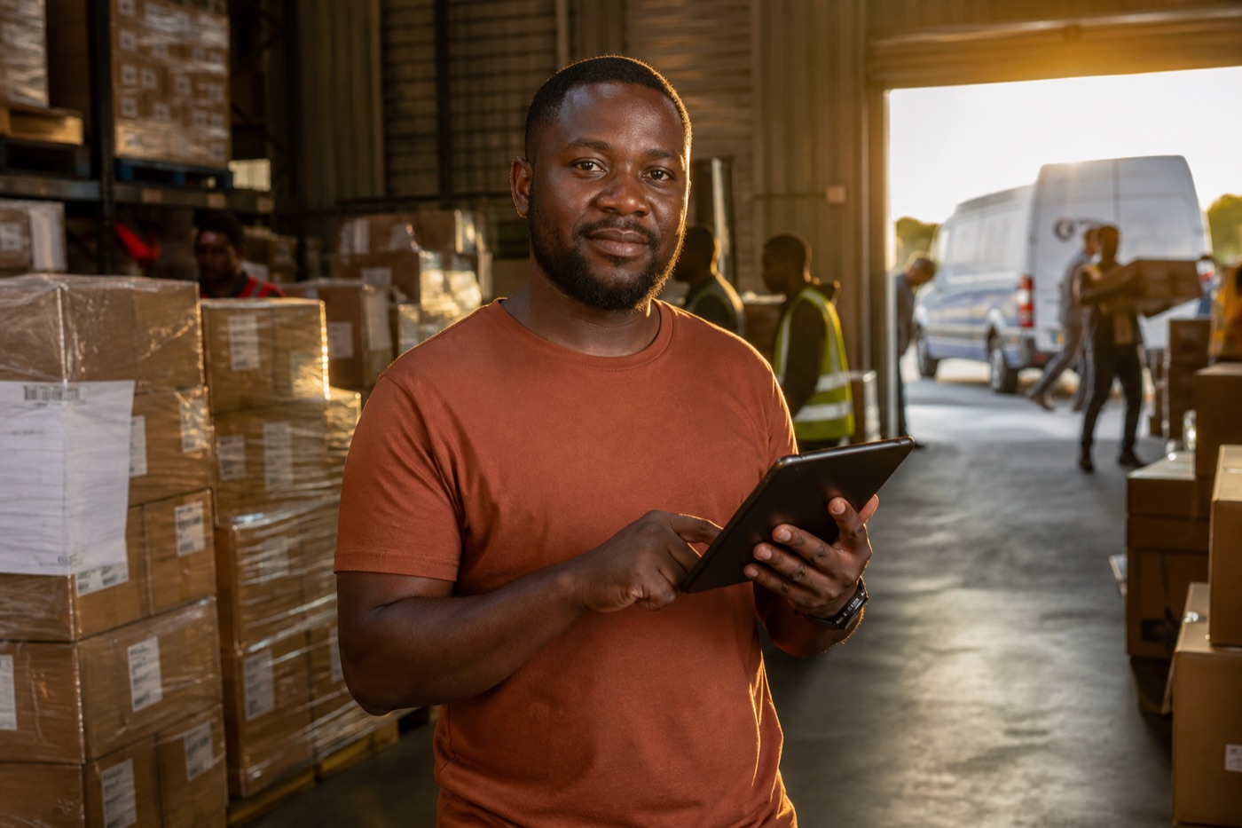 Warehouse supervisor tracking stock on a tablet